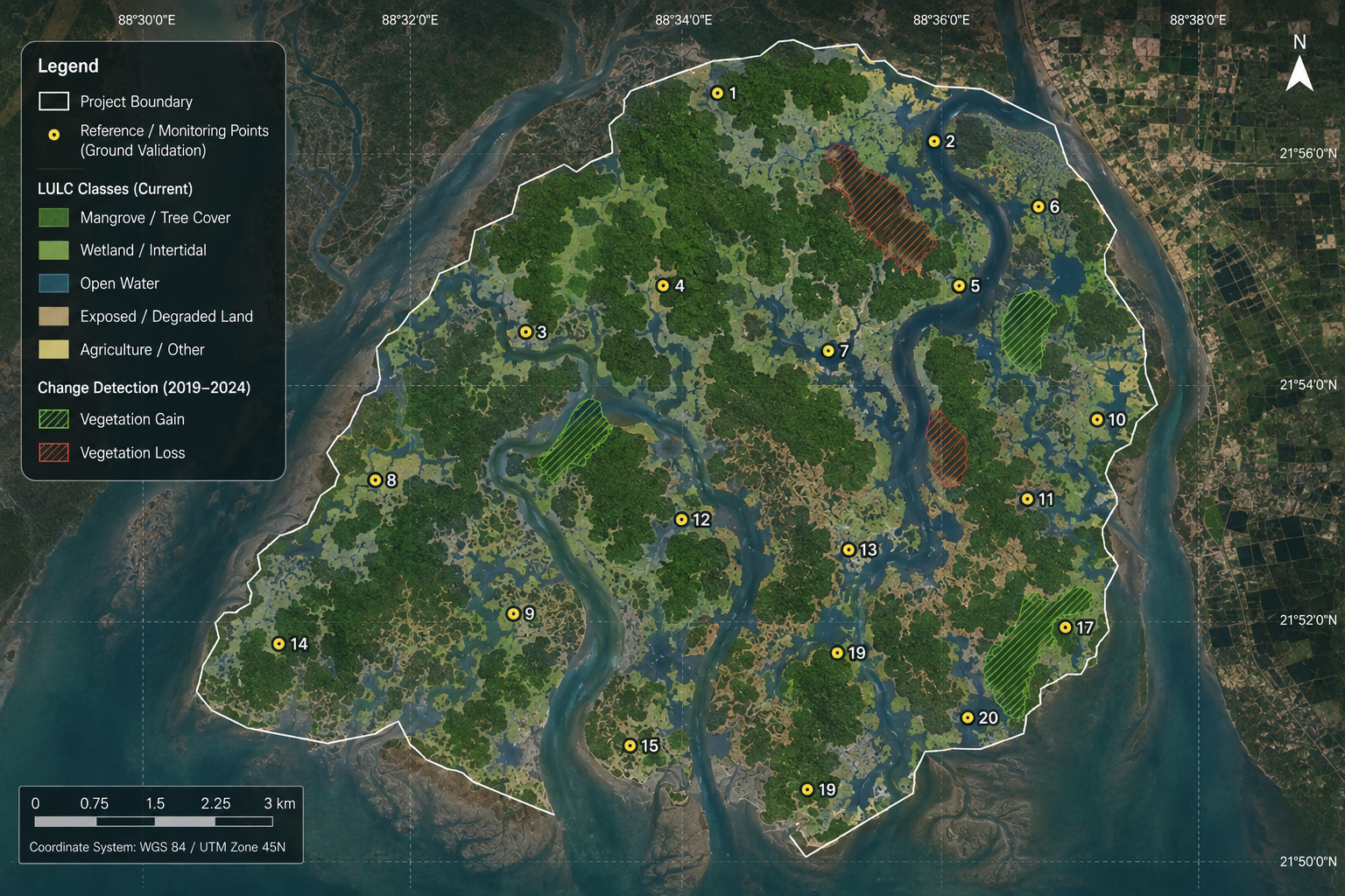 A satellite map of a mangrove landscape with a defined project boundary, land-cover areas and monitoring points displayed over the terrain.