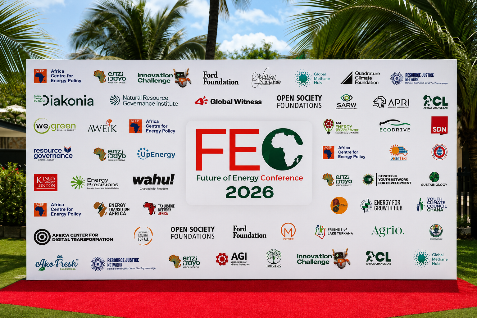 Future of Energy Conference 2026 backdrop in Accra featuring Sustainology alongside participating energy and climate organisations.